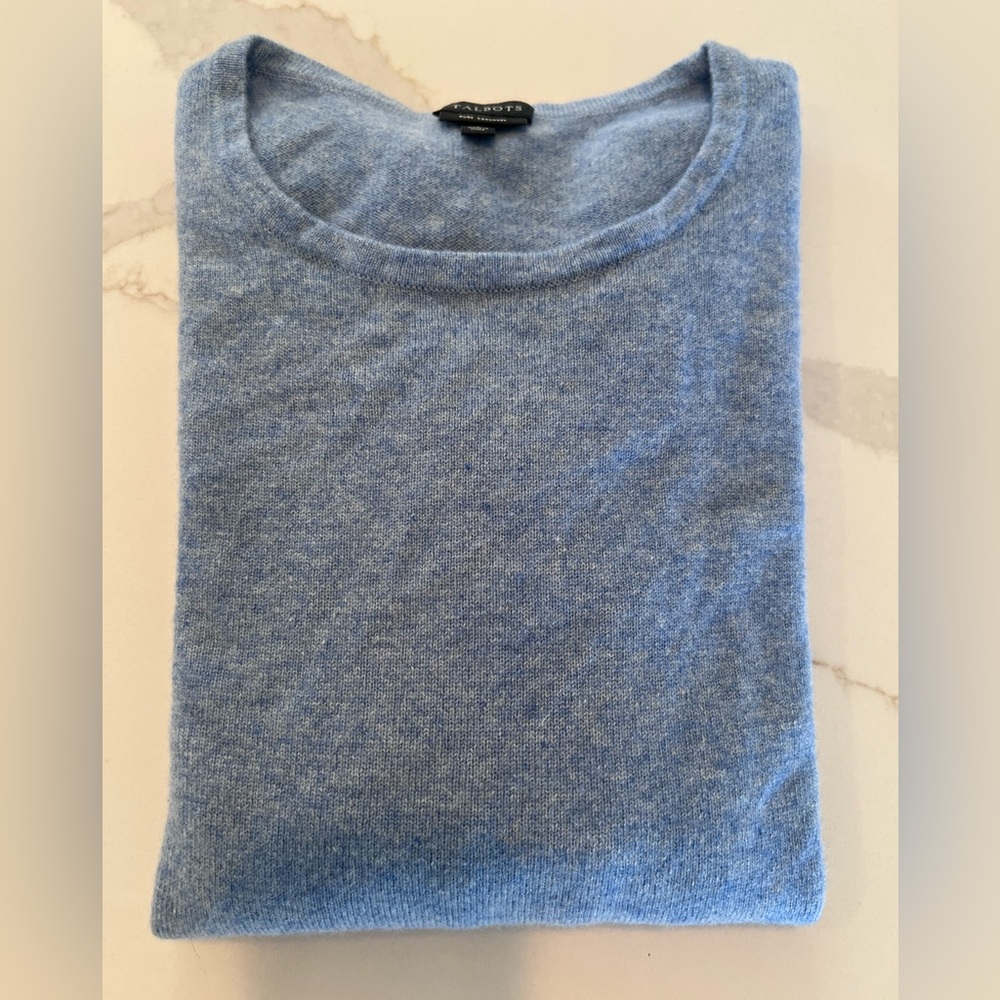 TALBOTS light blue heathered cashmere crewneck sweater, button cuff, size small - Picture 7 of 7